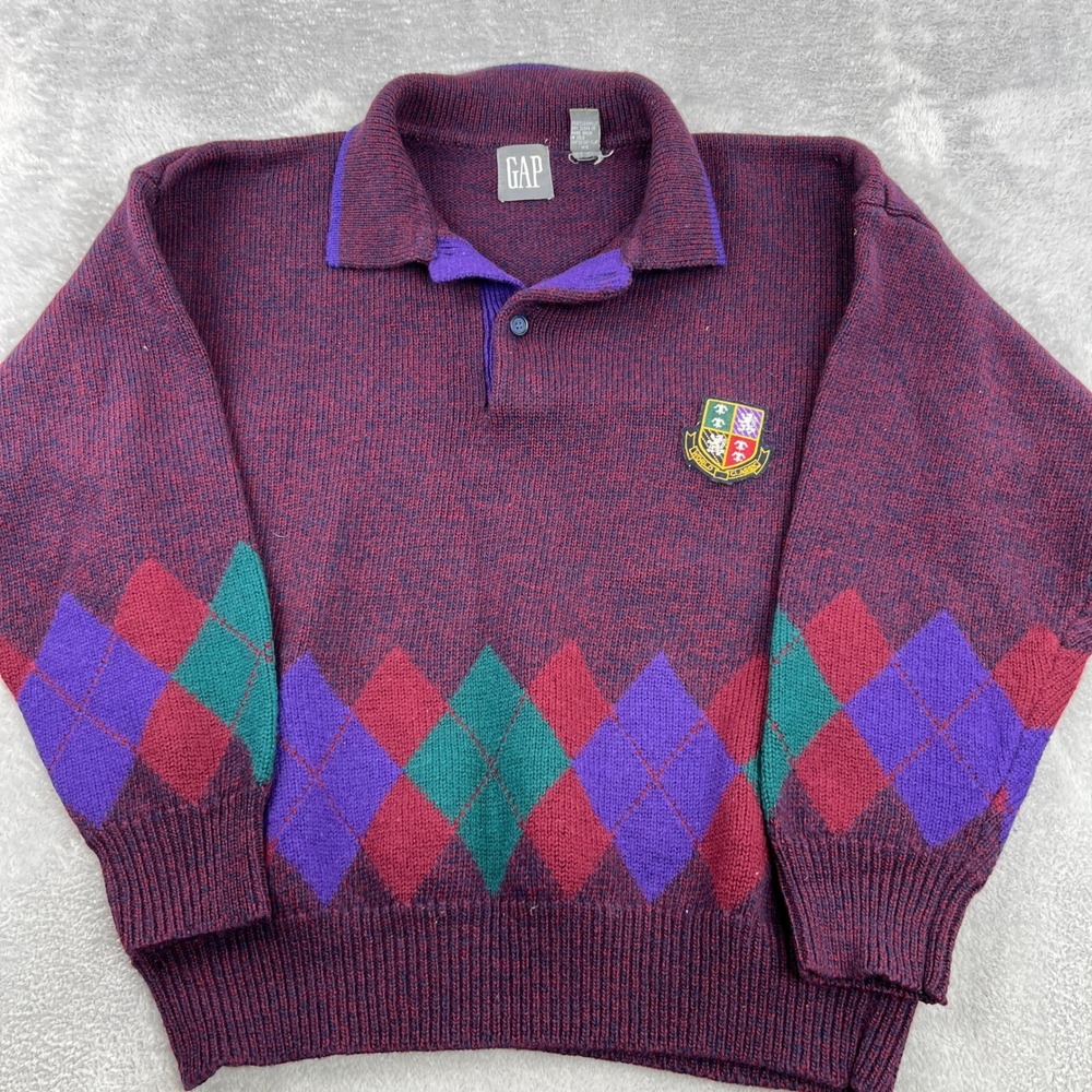 VTG Gap 100% Wool Rugby Polo Sweater L Burgundy Crest Preppy Collegiate Mens